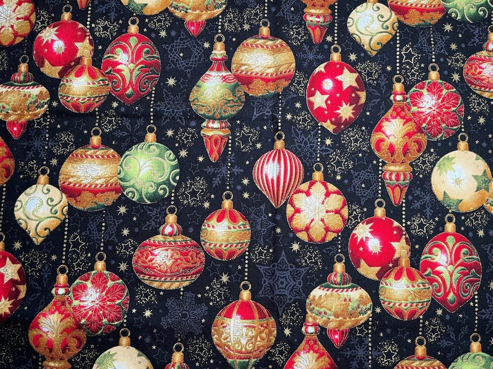 Holiday Flourish Cotton Fabric Metallic Accents on Black 1/2 yard | Destash